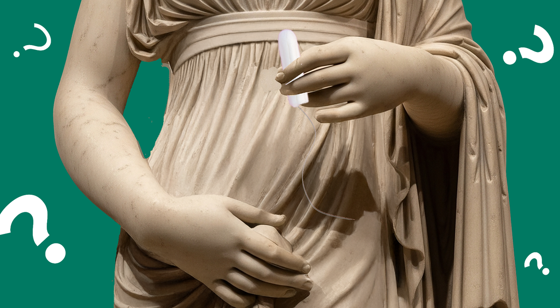 Marble statue holding a tampon against a green background with question marks, representing questions about tampons and virginity.