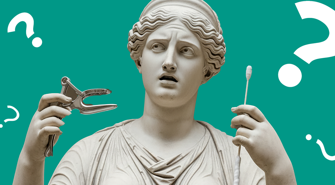 Confused statue woman holding a speculum and a swab against a green background with question marks.