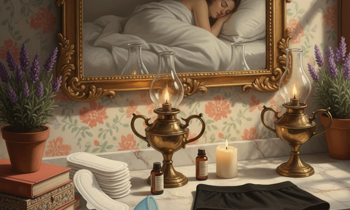 Vintage-style scene with a woman sleeping peacefully while menstrual pads, essential oils, and candles rest on a vanity — symbolizing comfort and nighttime period care.