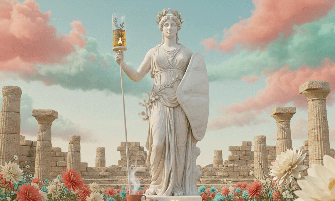 Marble statue of a goddess holding a menstrual pad as a shield and a tea cup in ancient ruins surrounded by flowers, representing strength, self-care, and period empowerment.