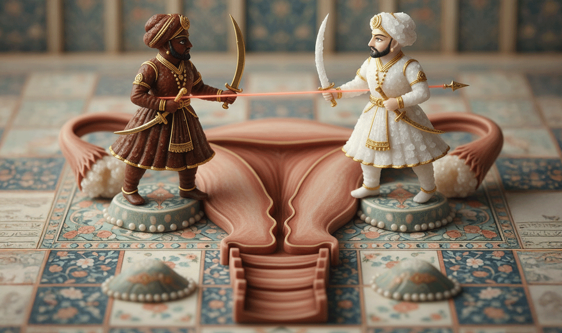 Miniature Mughal-style figurines of two kings dueling with swords over a uterus-shaped battlefield, symbolizing hormonal battles and cravings before periods.