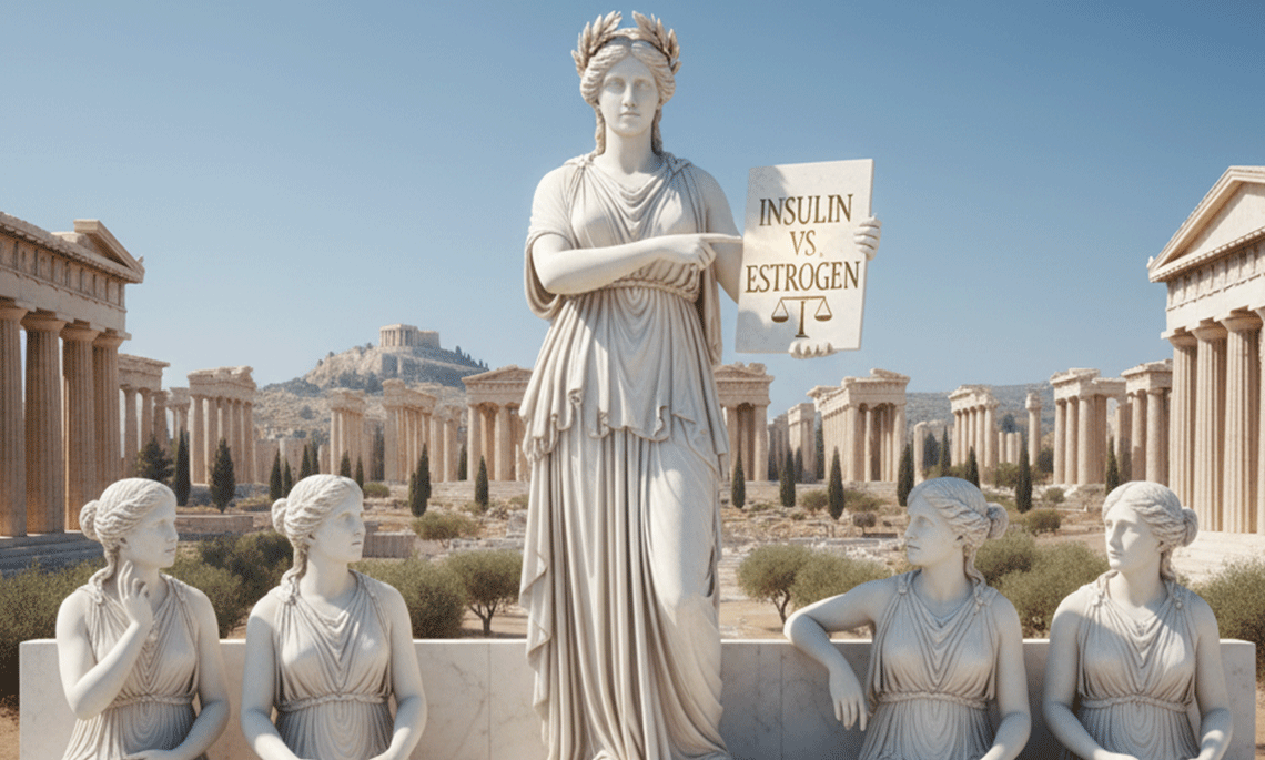 Statue of a Greek goddess holding a tablet that reads ‘Insulin vs Estrogen,’ surrounded by other statues among ancient ruins, symbolizing the balance between hormones and blood sugar during menstruation.