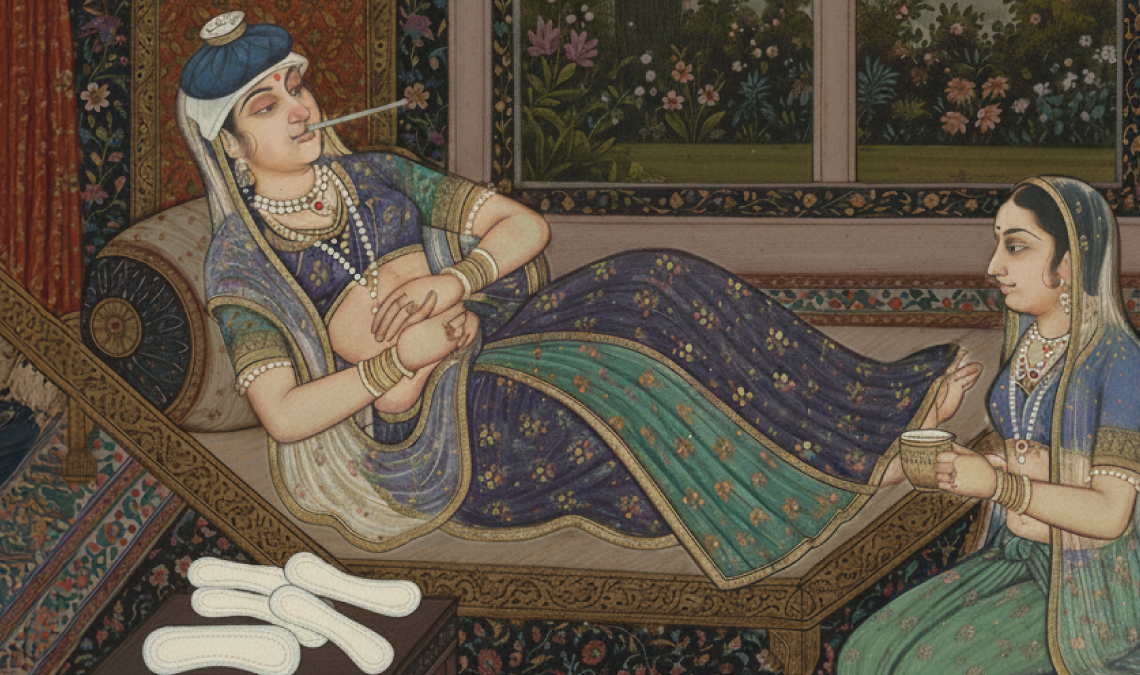 Mughal-style painting of a woman resting on a daybed with menstrual pads nearby, illustrating how periods can influence immunity and overall wellness.