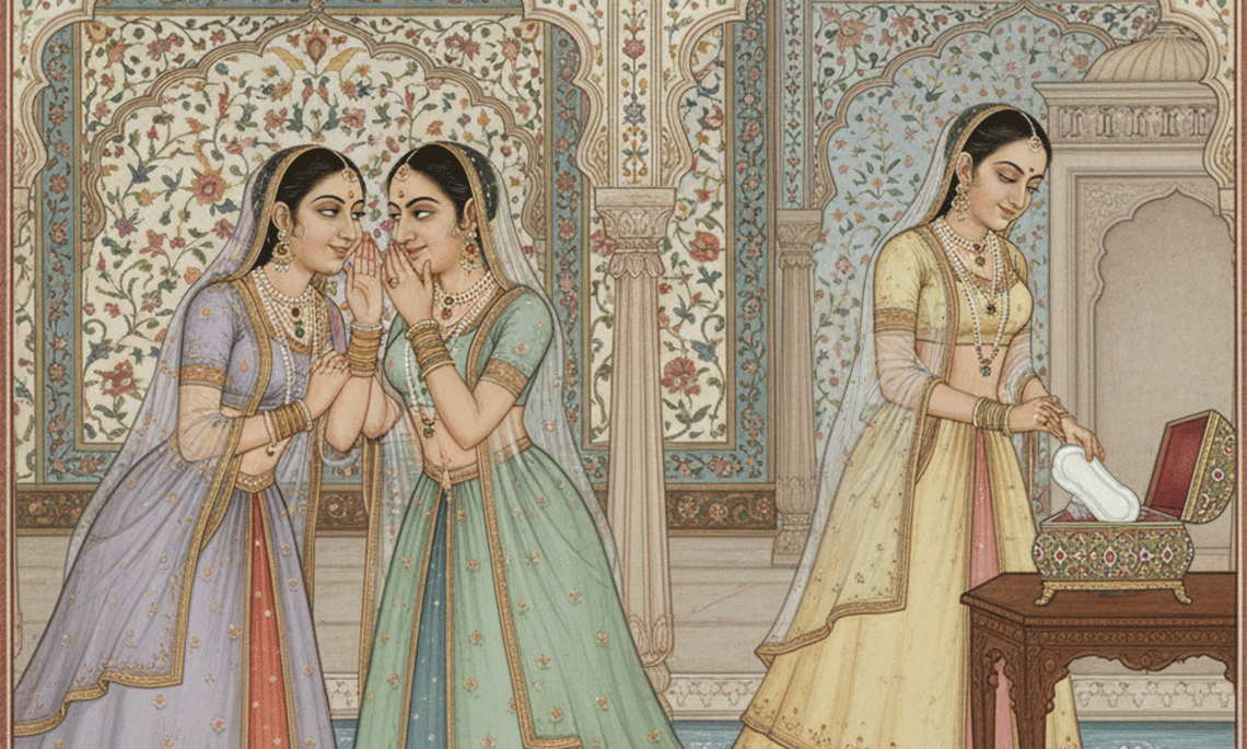 Mughal-style artwork showing two women whispering while another places a sanitary pad into a box, symbolizing the hush-hush conversations around a girl’s first period.