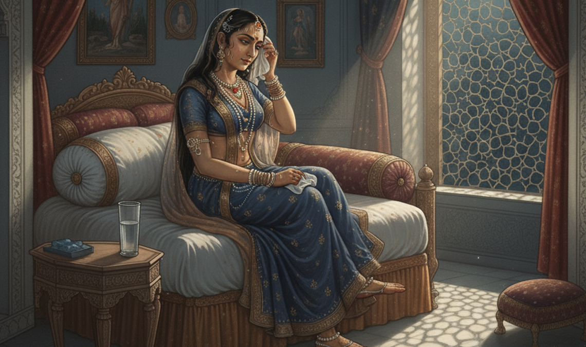 Traditional Indian-style painting of a woman sitting on her bed at night, wiping sweat from her face, symbolising the discomfort of hot flashes during menopause.