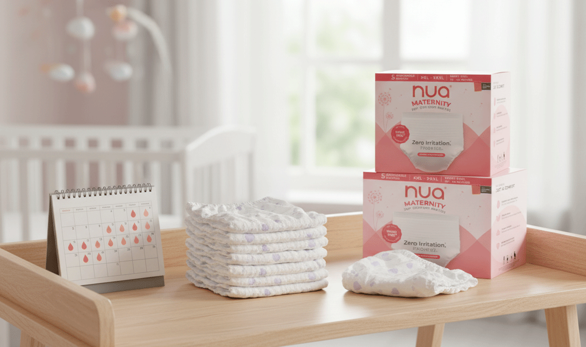 Changing table with Nua Maternity Pads, diapers, and a calendar marked with blood drops, representing postpartum bleeding and how many pads new mothers may need.