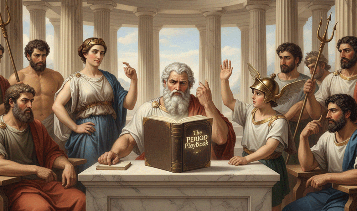 Classical Greek-style painting of gods and goddesses gathered around an elder reading ‘The Period Playbook,’ representing open menstrual education and shared knowledge.