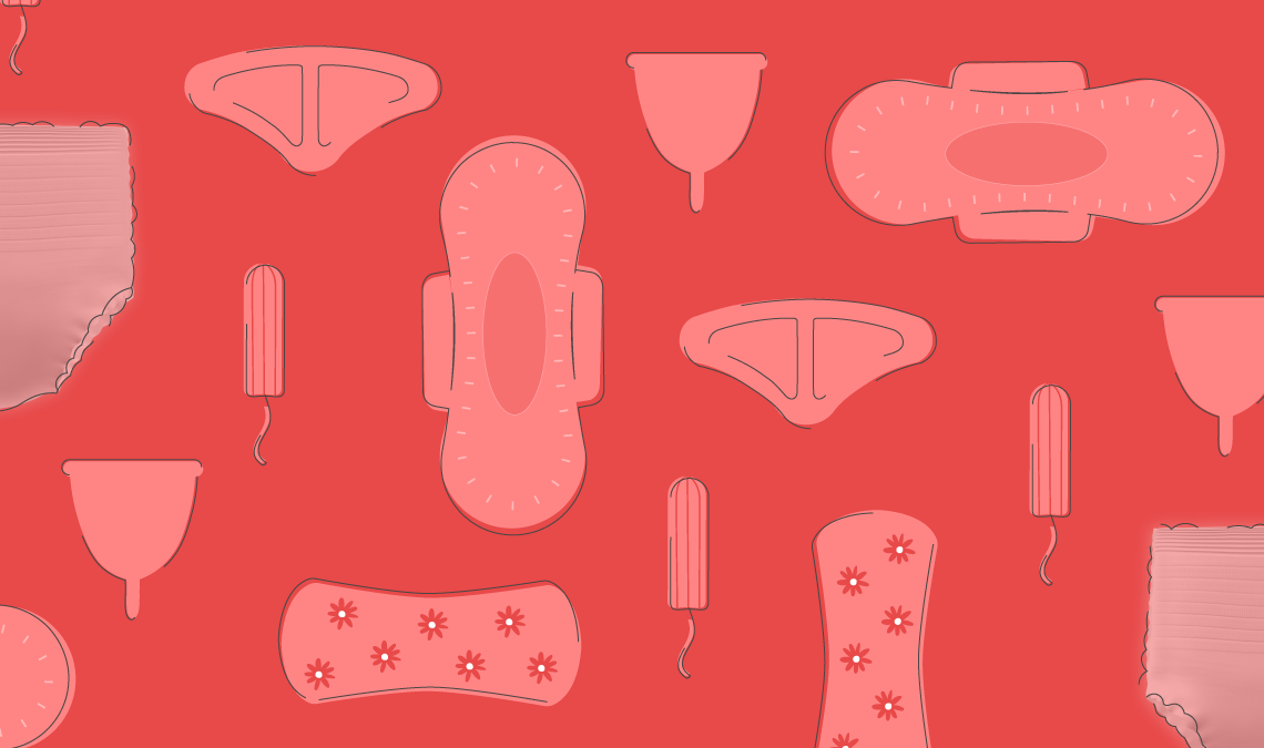 Illustration of various menstrual care products arranged in a pattern, symbolising mixing and matching products for different flow days and comfort needs.