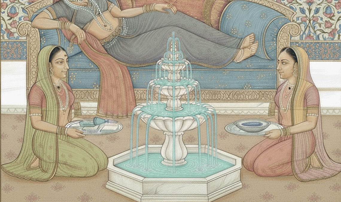 Mughal-style painting of a woman lounging on a sofa while two attendants offer her sanitary pads and menstrual cups beside a fountain, symbolizing the choice and balance of period product combinations.