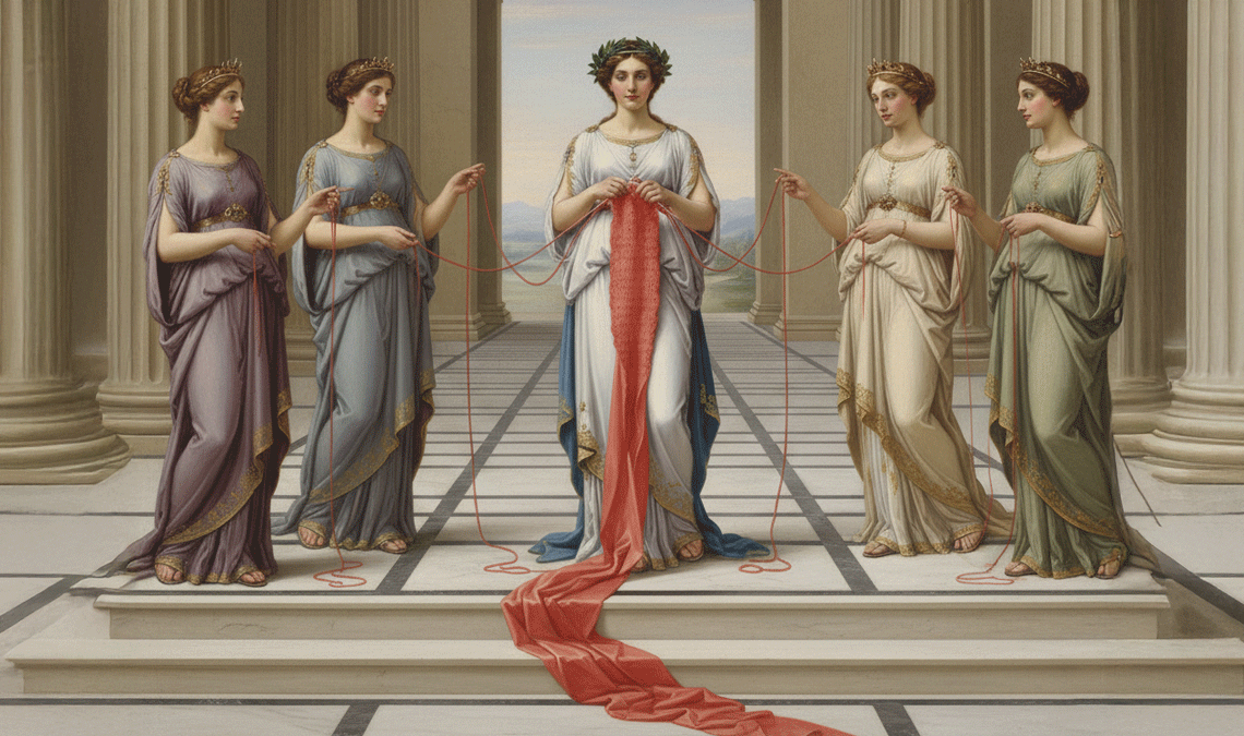 Neoclassical-style artwork of five women in flowing gowns holding a red thread together, symbolizing menstrual cycle syncing and connection among women.