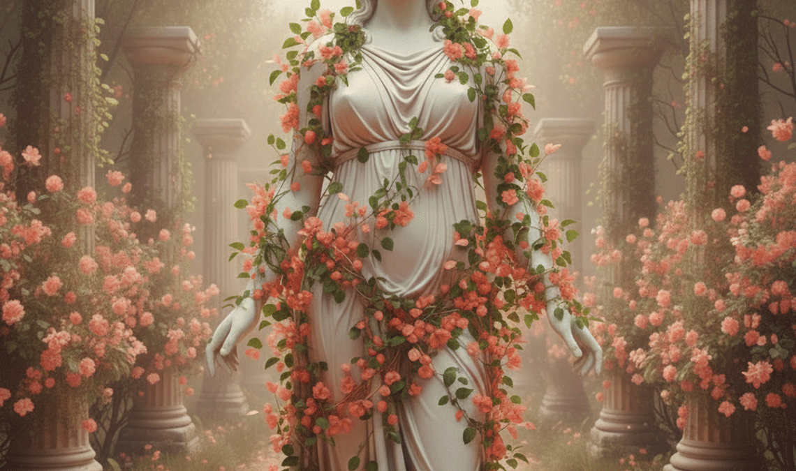 Statue of a woman entwined with blooming pink flowers in a classical garden, symbolizing the beauty and transformation of puberty and physical changes.