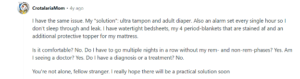 Screenshot of a Reddit comment where a user describes using ultra tampons, adult diapers, alarms, and waterproof bedding to prevent period leaks at night.