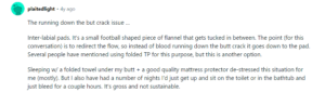 Screenshot of a Reddit comment explaining how a user uses inter-labial pads and mattress protectors to manage blood flow and leakage during sleep on heavy period days.