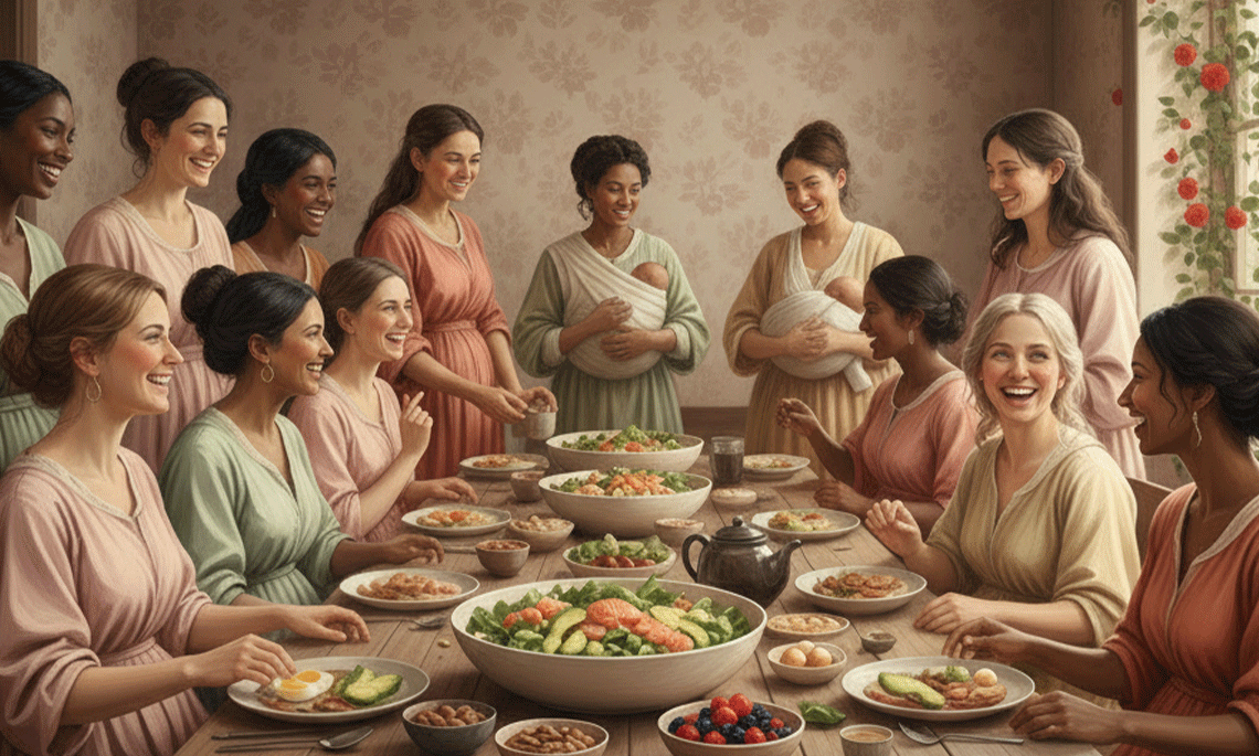Group of women, including new mothers, gathered around a table sharing a healthy meal, representing nourishment, recovery, and community in a postpartum diet plan.