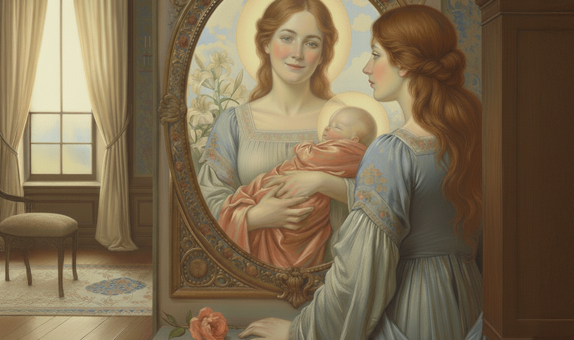 Soft, vintage-style painting of a woman looking into a mirror where she sees herself holding her baby, symbolizing the emotional reflection and tenderness of postpartum depression.