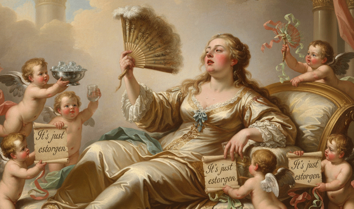 Baroque-style painting of a woman lounging with cherubs offering her ice and signs reading ‘It’s just estrogen,’ humorously representing the hormonal changes and hot flashes of perimenopause.