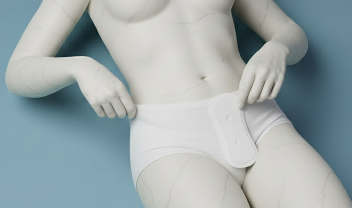 Minimalist marble statue of a woman wearing white underwear with a sanitary pad attached, representing comfort and practicality when sleeping with panty liners.