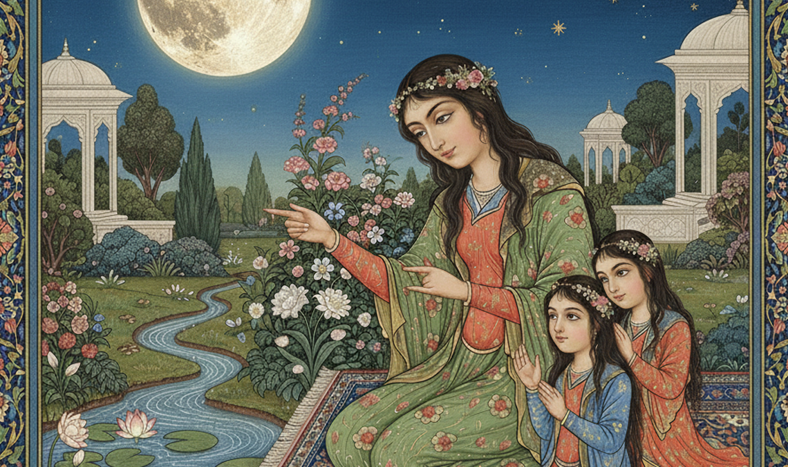 Mughal-style illustration of a mother pointing toward the moon while teaching her daughters, symbolizing early conversations about menstruation and womanhood.