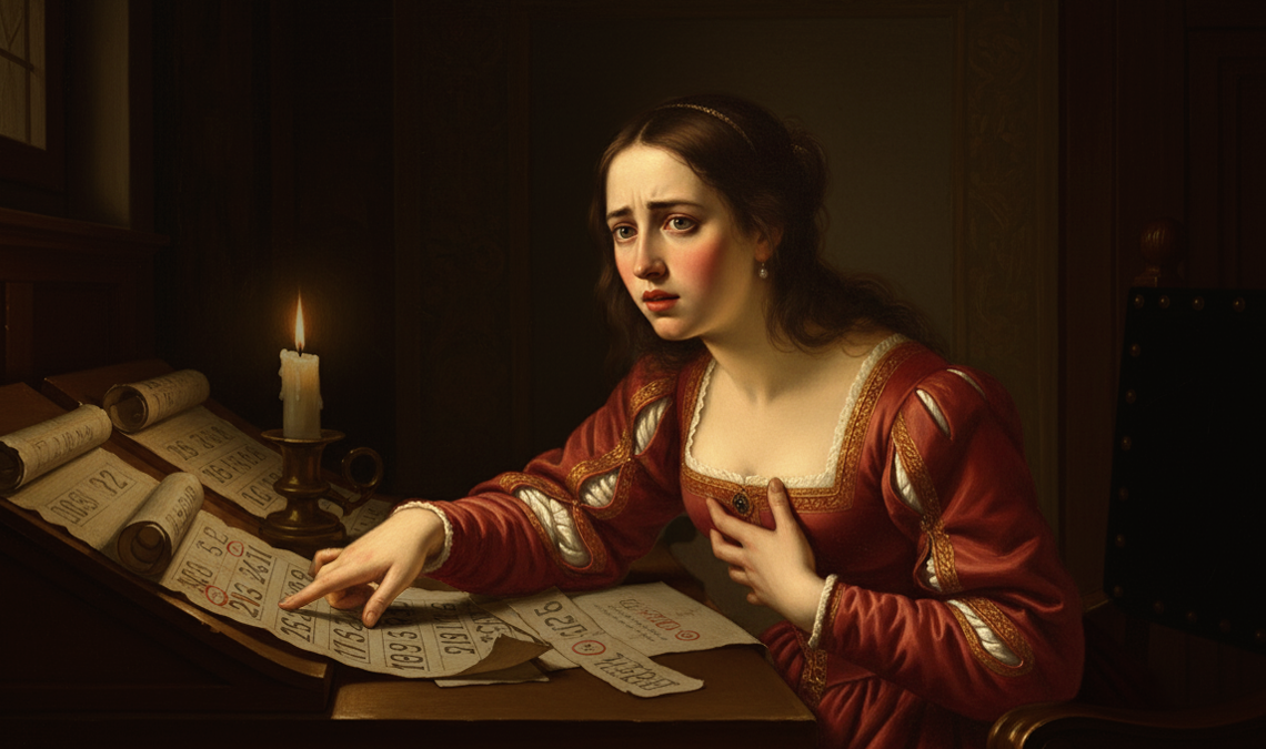 Classical painting of a woman anxiously studying a calendar by candlelight, symbolising stress and its impact on delayed menstrual cycles.