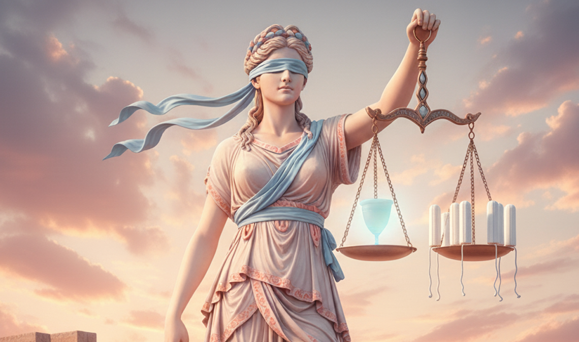 Classical statue of Lady Justice holding scales that balance tampons and a menstrual cup, representing the choice between different period products.