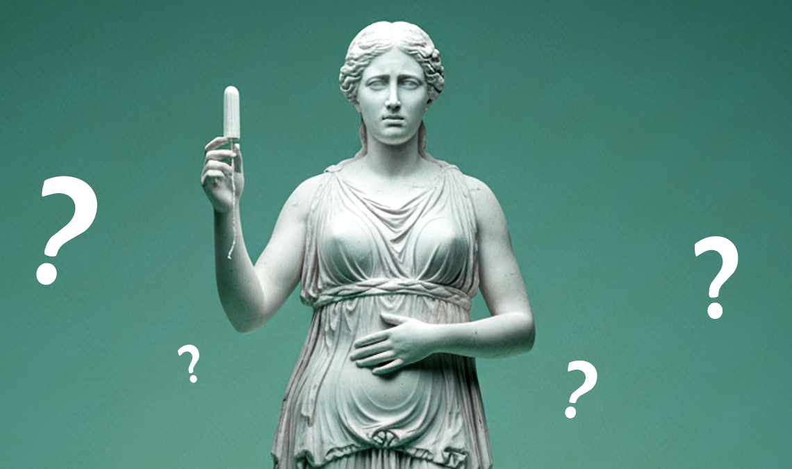Marble statue of a woman holding a tampon surrounded by question marks, representing confusion and questions around tampons and yeast infections.