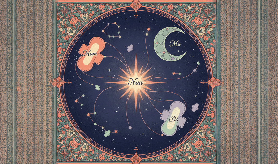 Illustrated celestial chart with pads, a crescent moon, and constellations connected around the word ‘Nua,’ symbolizing menstrual cycle tracking and connection across generations.