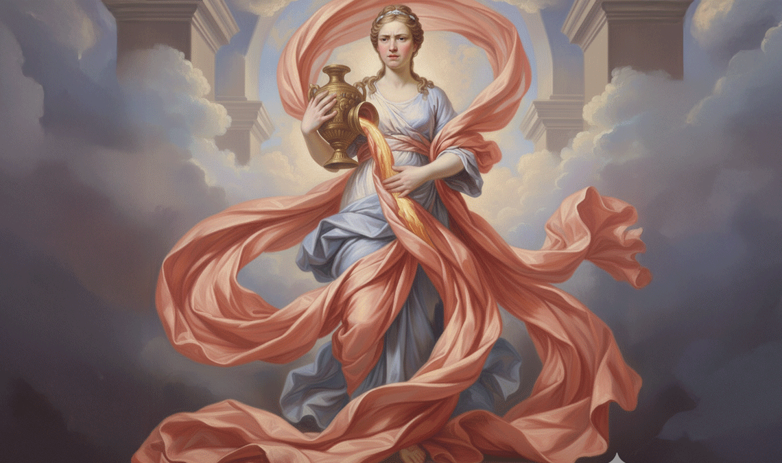 Neoclassical painting of a goddess pouring a glowing liquid from a vase, surrounded by flowing red drapery, symbolizing menstrual cramps and the intensity of period pain.