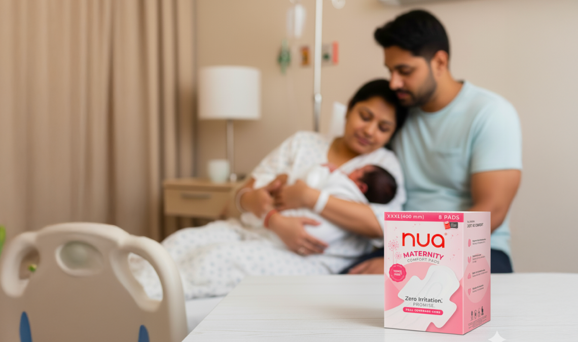 Photo of new parents sitting with their newborn in a hospital room, with a Nua Maternity Comfort Pads box in the foreground, representing early postpartum care and comfort.