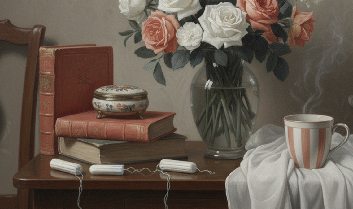 Still life of tampons on a wooden table beside books, flowers, and a steaming cup of tea, representing comfort and awareness of tampon use and hygiene.