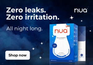 Nua all-night comfort pad box shown on a dark starry background, highlighting overnight protection with extra-wide coverage.