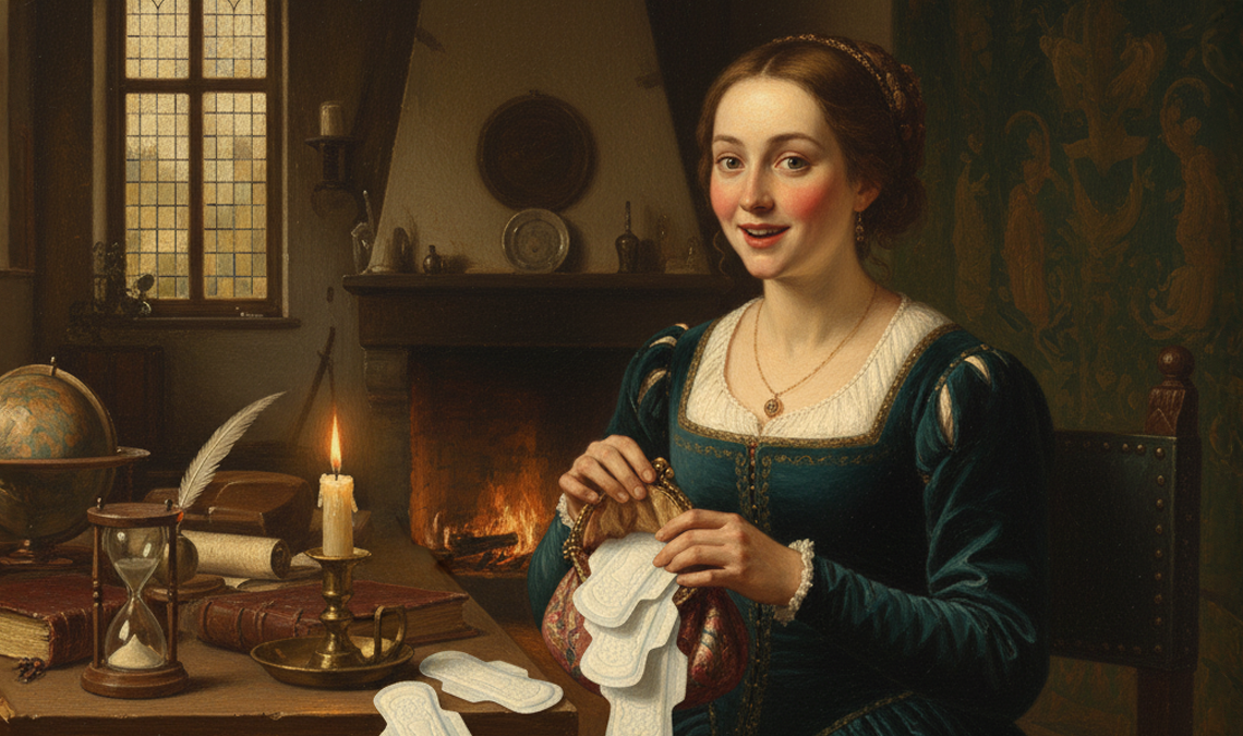 Illustration of a woman seated at a table in a candlelit room, holding reusable cloth pads and a small pouch, symbolising thoughtful, budget-conscious period care in a historical setting.
