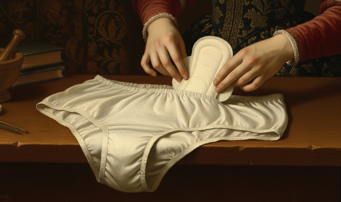 A Renaissance-style painting showing a close-up of a woman’s hands placing a sanitary pad onto a pair of white cotton underwear laid out on a wooden table, with a mortar and pestle, books, and small objects in the background.