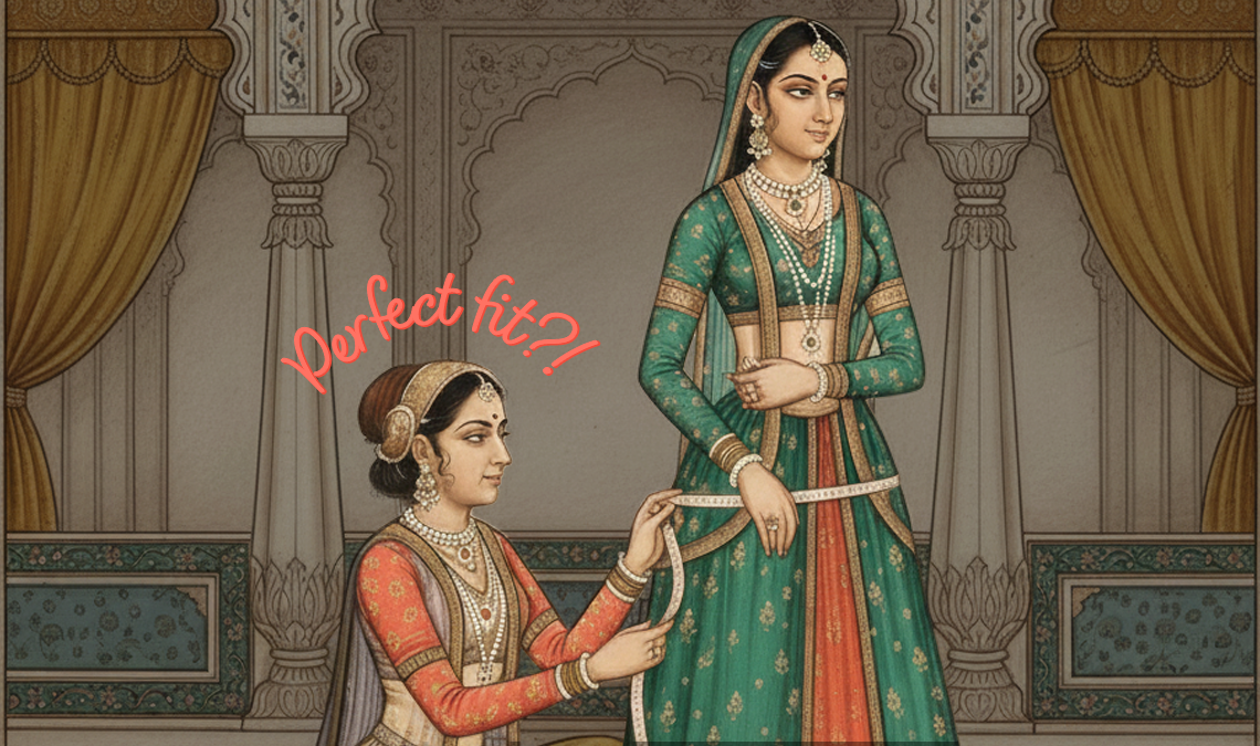 A woman in a green traditional outfit stands upright while another woman kneels beside her, measuring her waist with a tape measure. The scene is styled like a classical Indian miniature painting, set inside an ornate interior with arches and curtains. Handwritten text above them reads “perfect fit?”, suggesting a comparison or sizing theme.