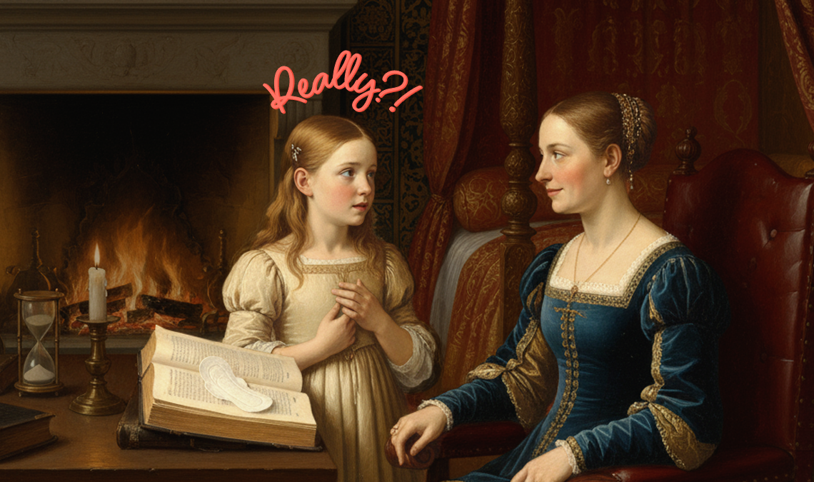 A young girl speaks to an older woman seated beside a fireplace, with an open book and a sanitary pad placed on its pages, suggesting a conversation about periods or first menstruation. Image 2: