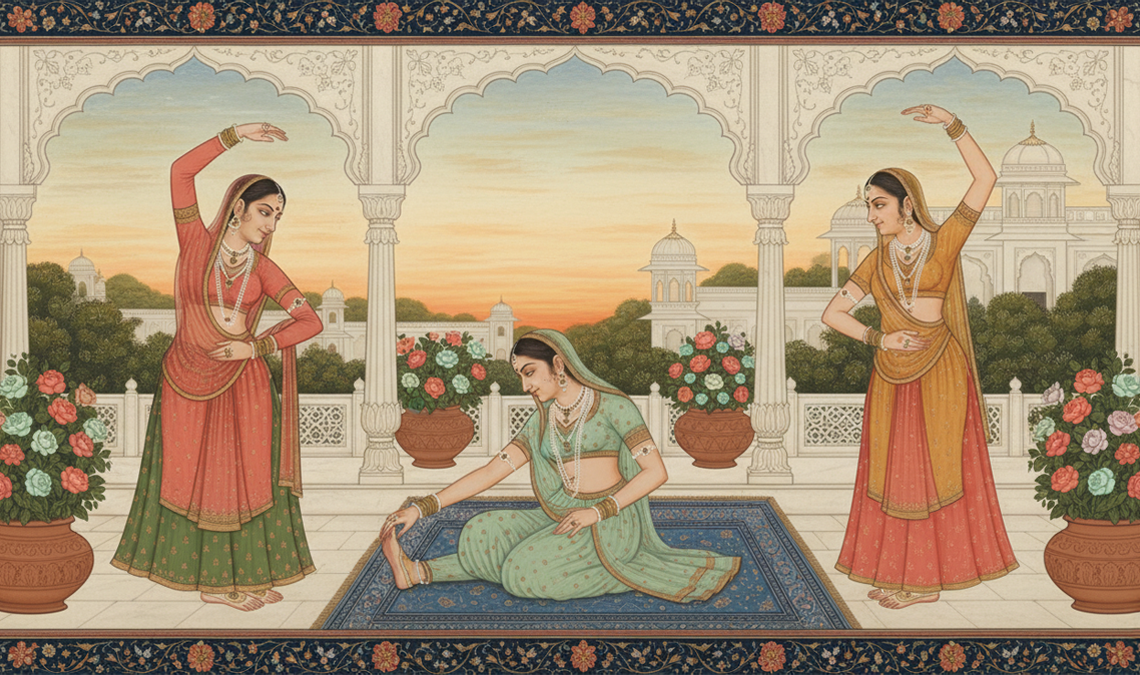 Traditional-style artwork of three women dancing in a courtyard, symbolising movement, flexibility, and gentle physical activity across different stages of womanhood.