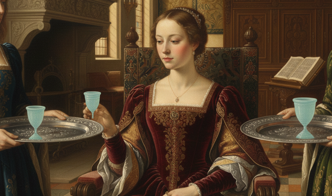 A woman seated in a historic interior holds a reusable menstrual cup while attendants present trays, symbolizing choice and consideration around menstrual products.