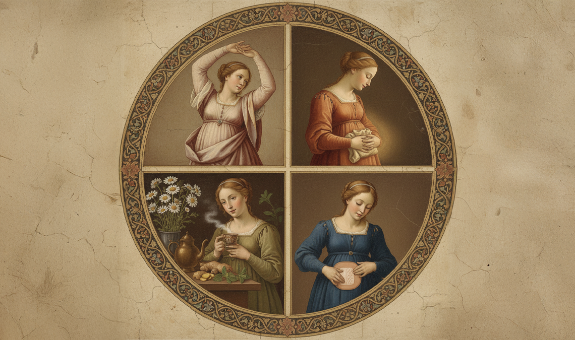 A circular illustration divided into four sections showing different women performing activities like stretching, resting, drinking a warm beverage, and holding a heating pad, symbolising natural ways to manage menstrual cramps.