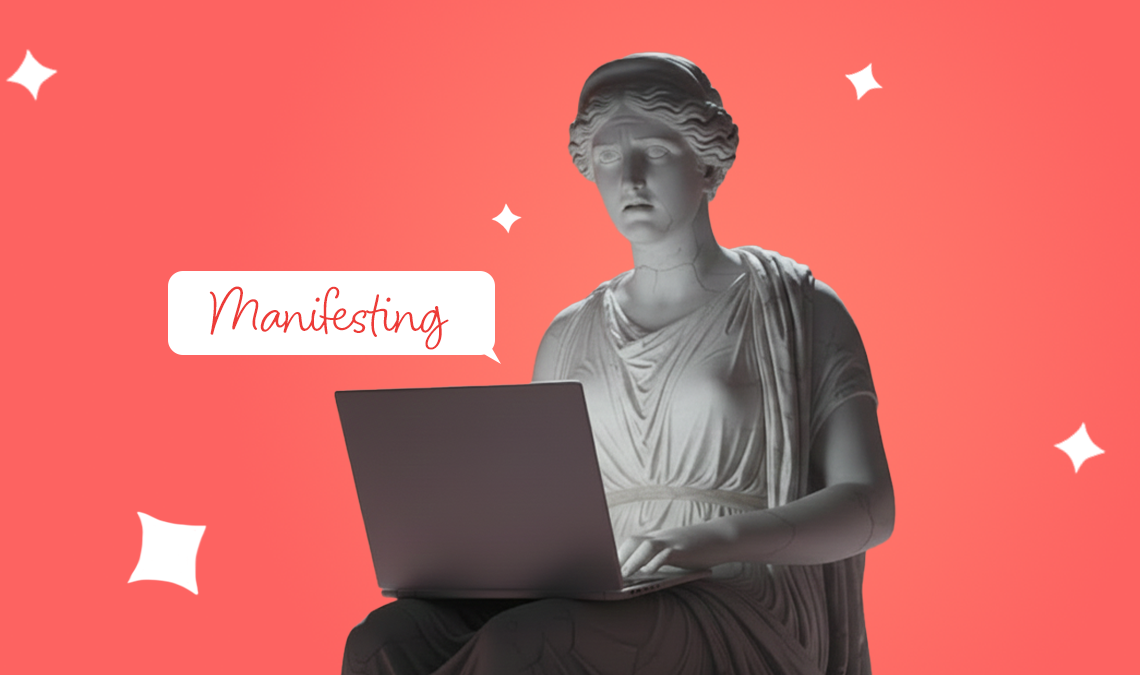 Classical marble statue seated with a laptop against a coral background, stylized sparkles around it and a speech bubble reading “Manifesting,” blending ancient art with modern productivity.