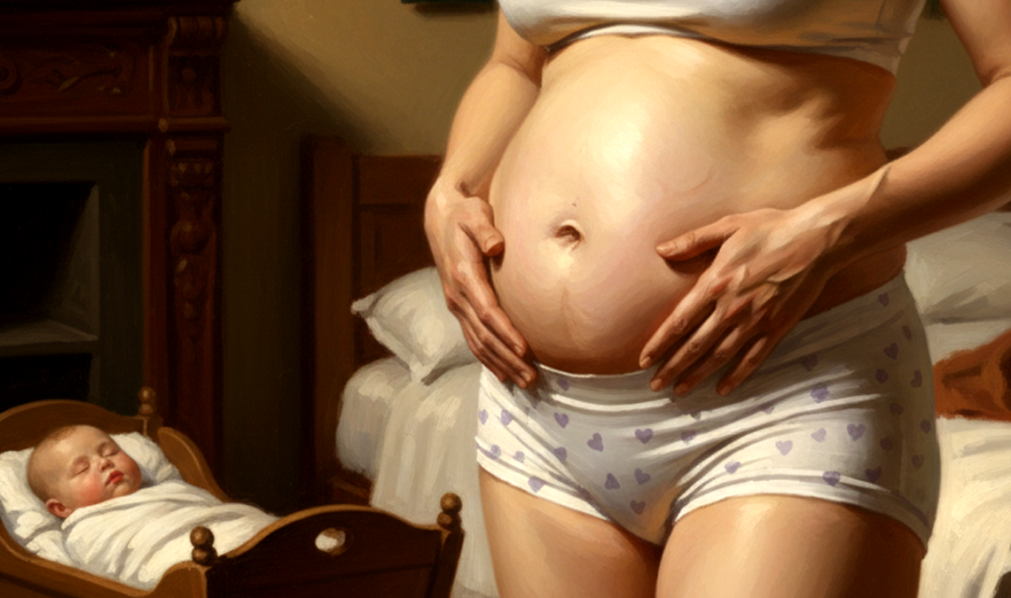 A postpartum woman stands in a softly lit bedroom holding her belly, wearing white underwear with purple hearts, while a newborn sleeps in a wooden cradle beside her.