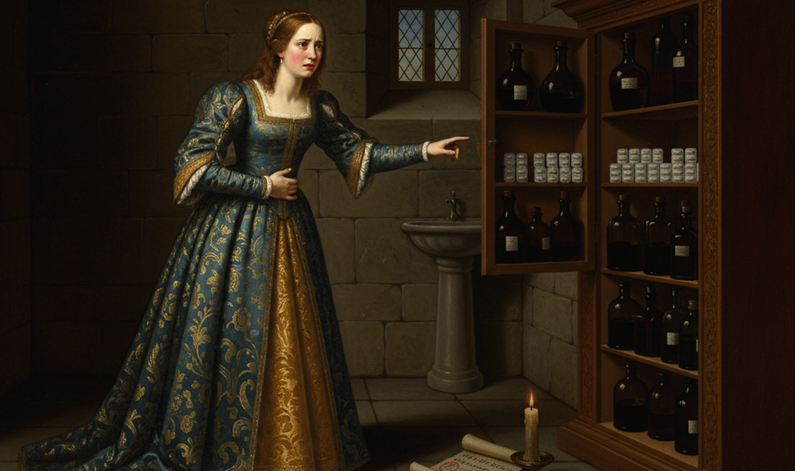 A classical European-style painting of a woman in a long embroidered gown opening a wooden cabinet filled with medicine bottles and jars, standing in a dim stone room lit by a single candle.