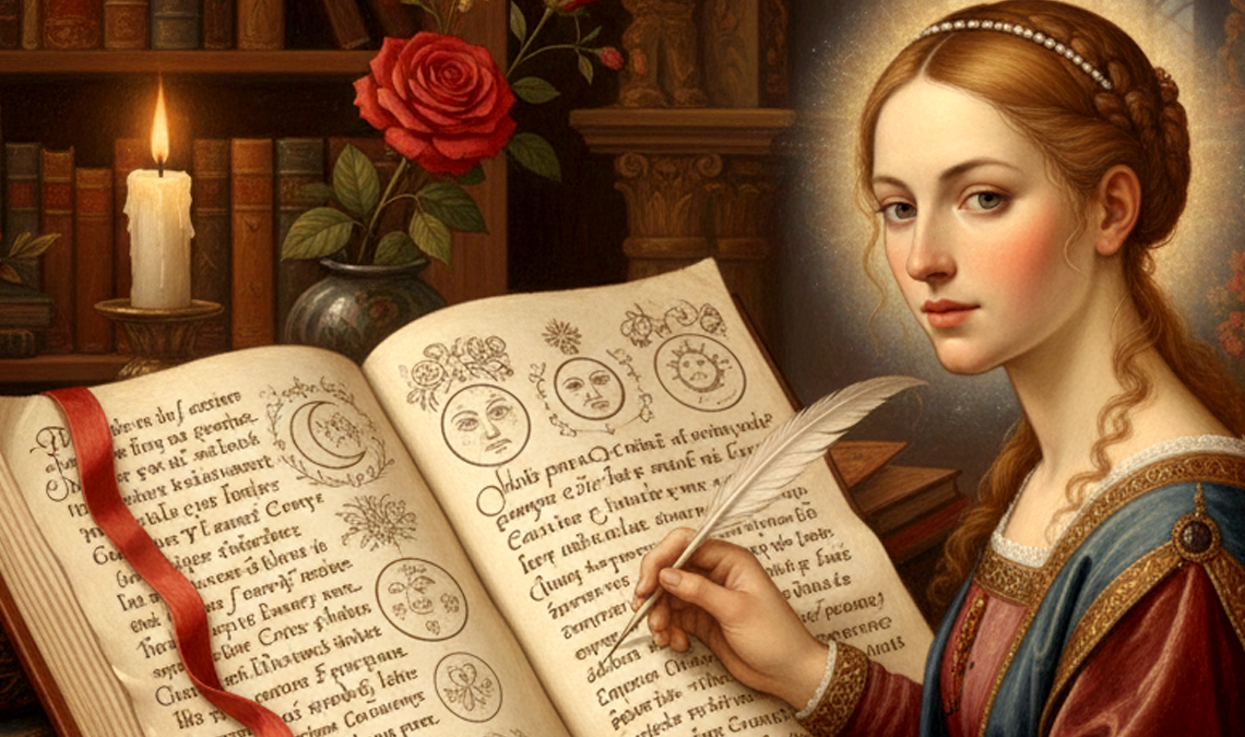 A Renaissance-style illustration of a woman writing in an open, ornate book filled with celestial drawings and handwritten notes, with a candle and books glowing warmly behind her.