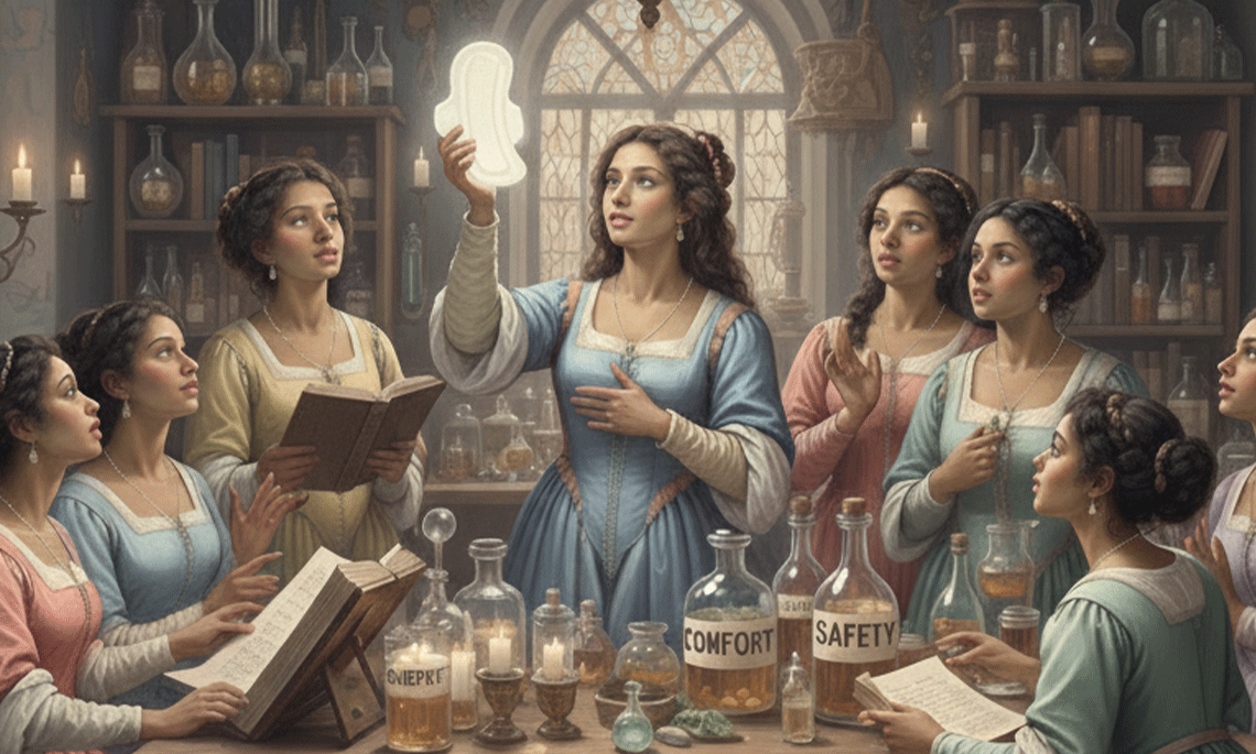 A group of women in Renaissance-style dresses gather around a wooden table in an old apothecary, watching one woman hold up a glowing menstrual pad as if she’s examining a breakthrough discovery. Glass bottles labeled “comfort” and “safety” sit among books, candles, and tools, creating a scene that blends historical curiosity with modern menstrual care.