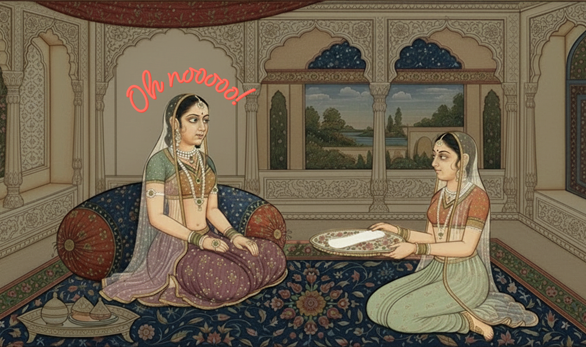Traditional Indian miniature painting of two women seated indoors, one offering a tray with a folded cloth while the other looks hesitant, with handwritten text above reading “Oh nooo!”