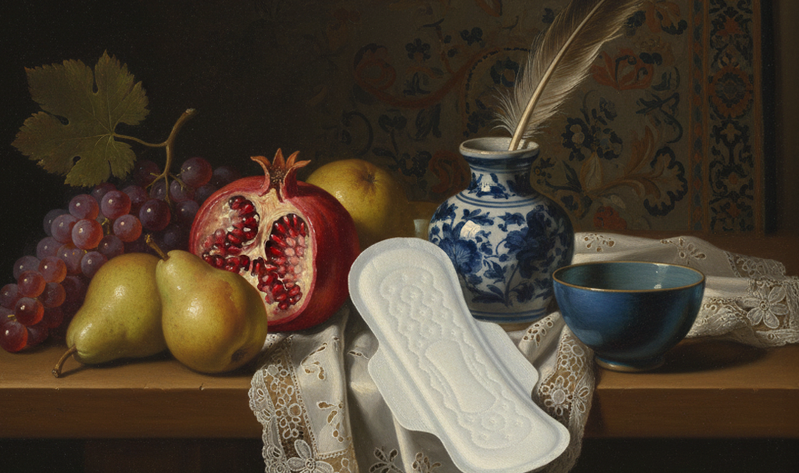 Still-life composition with fruits, a ceramic vase, lace cloth and a sanitary pad placed centrally, representing everyday comfort and period care.