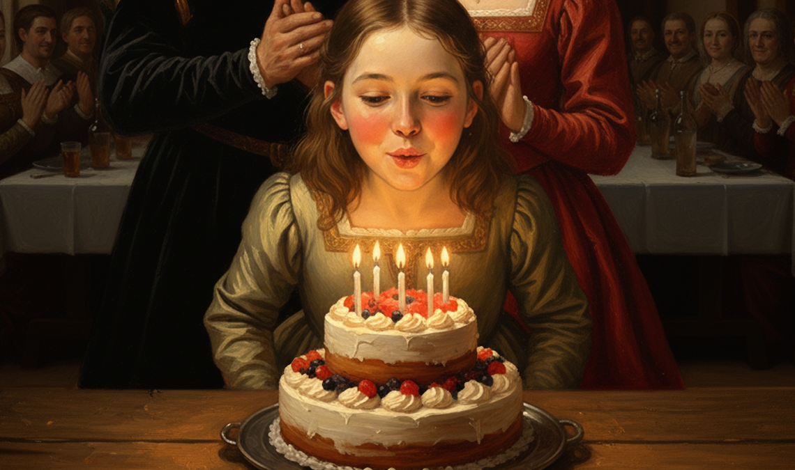 A young girl in period clothing leans toward a small tiered cake lit with candles, cheeks warm with excitement as she prepares to blow them out. Adults in old-world attire stand behind her clapping, the long banquet table and dim wooden hall giving the moment a timeless, celebratory feel.
