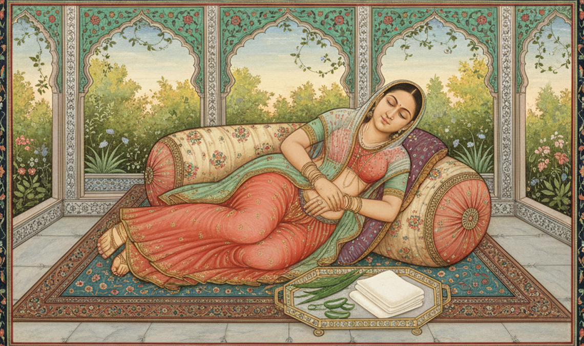 Indian miniature–style illustration of a woman reclining on a cushioned divan with one hand on her abdomen, resting during discomfort, with folded cloths and green leaves placed nearby.