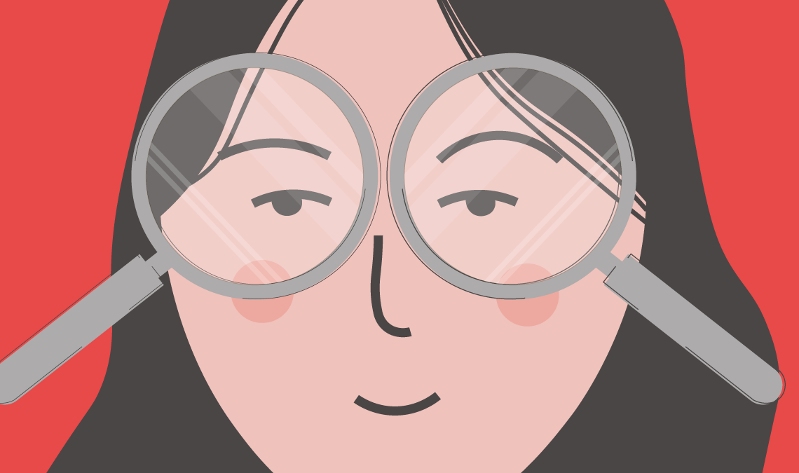 Illustration of a woman looking through magnifying glasses, symbolising close examination, research, and the science behind comfort-focused period products.