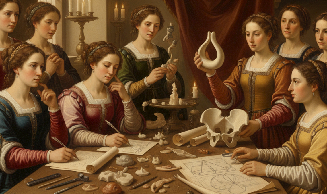 A detailed Renaissance-style scene of multiple women studying anatomical models, sketches, and bone structures together, contemplating the speculum redesign at a wooden table lit by candles.