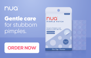 Nua Pimple Patch product ad with tagline ‘Gentle care for stubborn pimples’ showing a pack of hydrocolloid and salicylic acid patches with an ‘Order Now’ button on a lavender-blue background.
