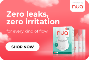 A bright coral background with soft, fluffy clouds framing a product display of Nua pads. A box of Nua Complete Comfort Pads sits upright with three assorted pad packs behind it. Large white text on the left reads “Zero leaks, zero irritation for every kind of flow,” with a white rounded “Shop Now” button below.